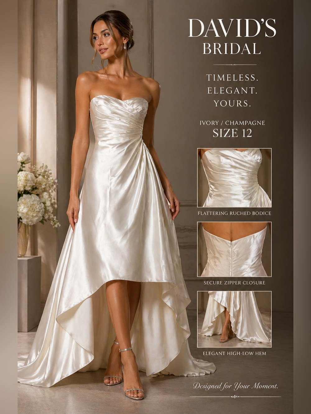 David’s Bridal Strapless Satin Wedding Dress Size 12 Ivory Champagne High Low
